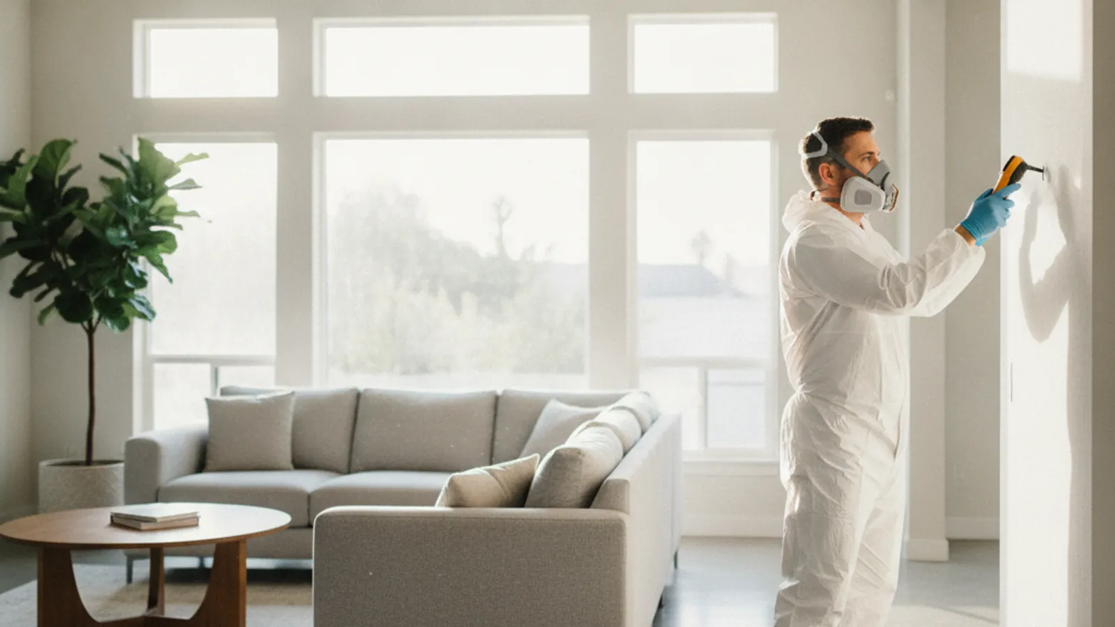 Mold inspector in PPE checking an interior wall with a moisture meter in a bright Los Angeles home